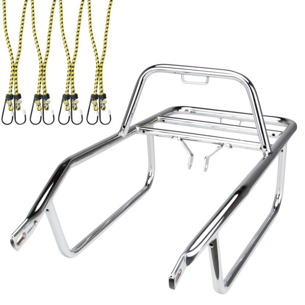 Gepäckträger chrom für Zündapp GTS 50, Typ 517 Moped, Mokick inkl. 4er Spanngummi-Set 60cm (164994)
