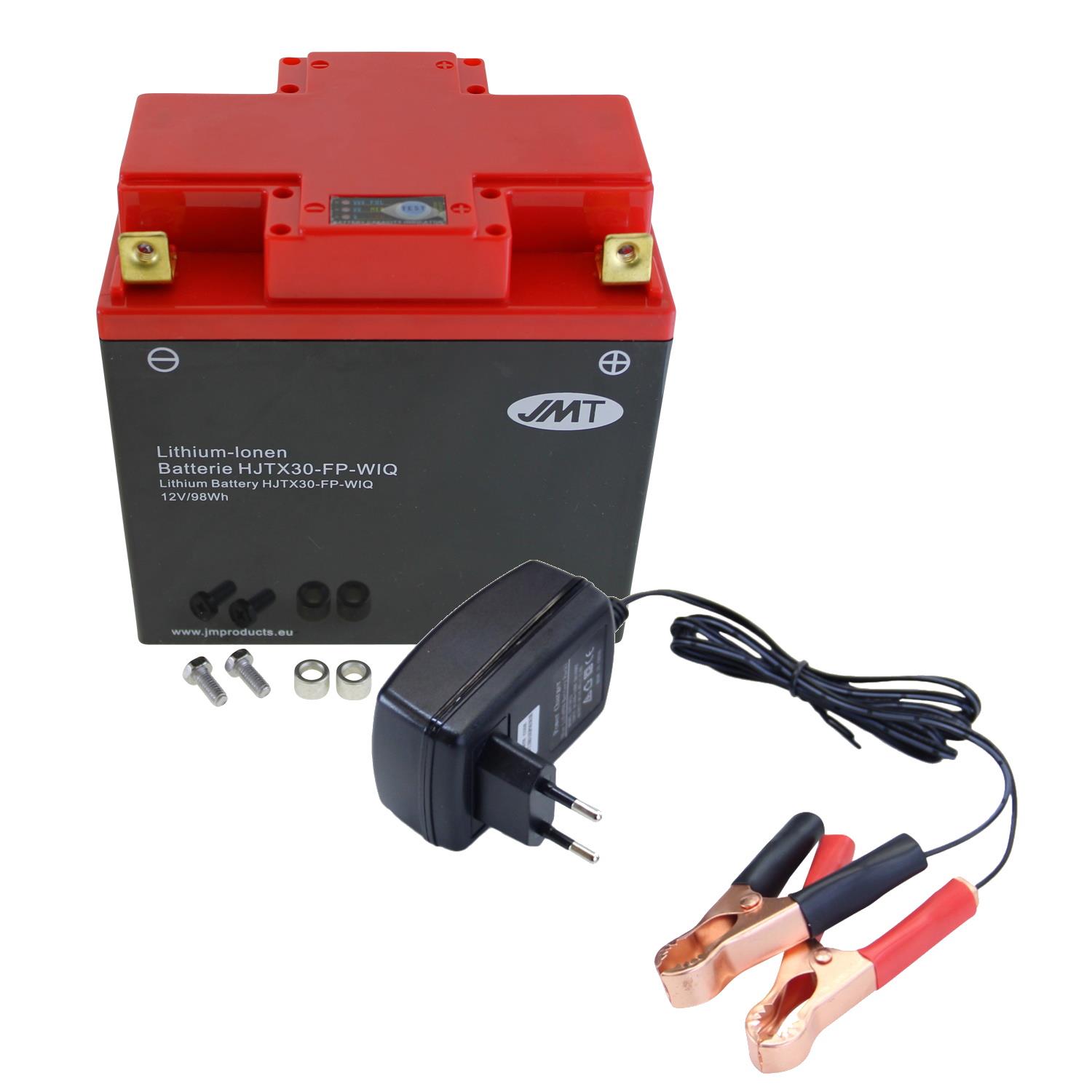 Lithium-Ionen-Batterie JMT HJTX30-FP, 12 V 8 Ah, universal 4 Kontakte, DIN  53030 + Ladegerät, 12 Volt Lithium Batterien, Lithium Batterien, Batterien