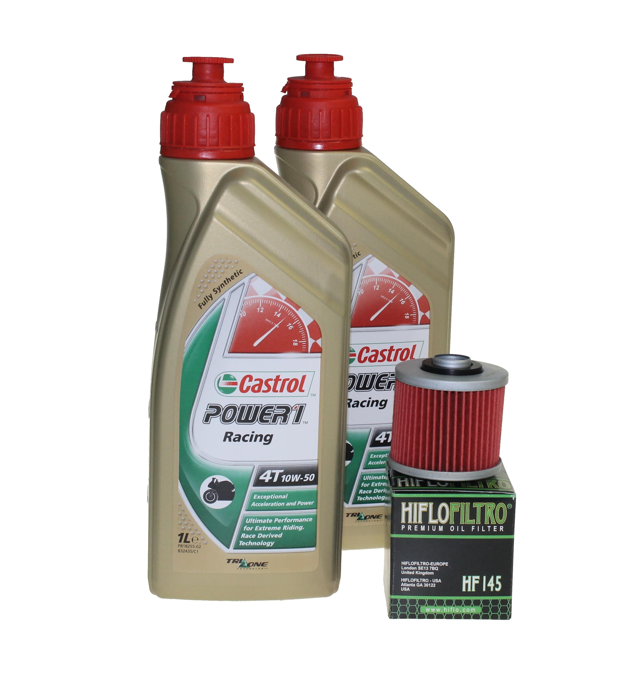 Ölwechselset mit 2 Liter Castrol SAE 10W50 Power 1 Racing 4T und Hiflo