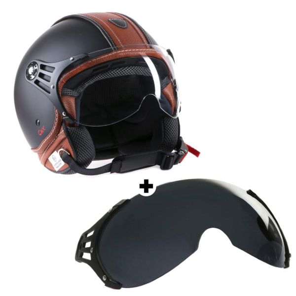 Motorradhelm Jethelm Rollerhelm CMX Hazel matt schwarz mit Leder braun inkl. Visier getönt (16355122)