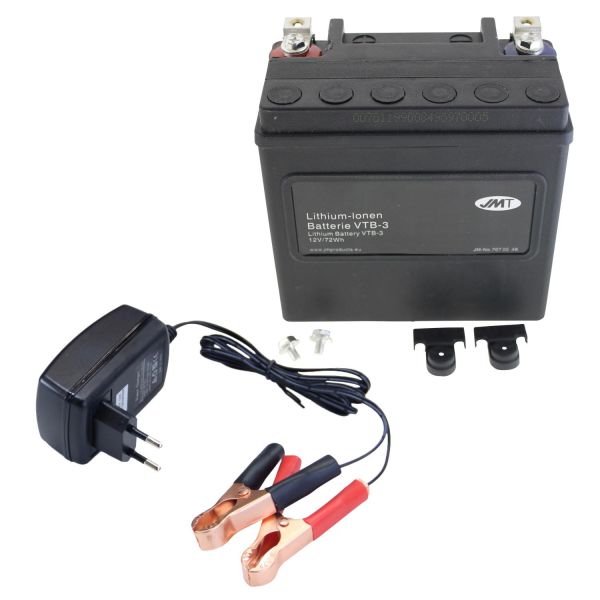 Lithium-Ionen-Batterie JMT VTB-3 V-Twin, 12 V 8 Ah, Pluspol rechts, DIN  51216 + Ladegerät, 12 Volt Lithium Batterien, Lithium Batterien, Batterien