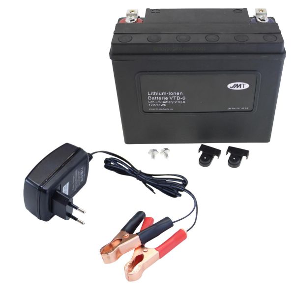 Lithium-Ionen-Batterie JMT VTB-6 V-Twin, 12 V 8 Ah, Pluspol rechts, DIN 82400 + Ladegerät (9750271)