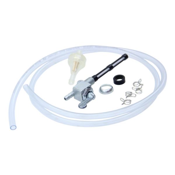 Benzinhahn Set, M10 x 1, Abgang unten, ohne Wassersack, Metall-Hebel + Filter, Schlauch und Klammern (166946s)